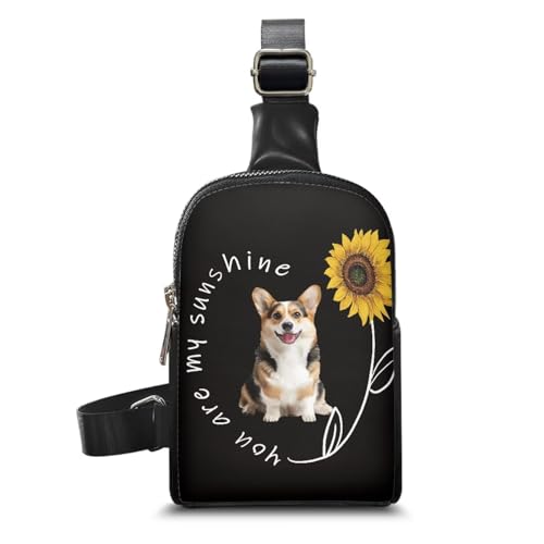 HUGS IDEA Kleine Brusttasche, Schultertasche, Leder, Crossbody-Sling-Rucksack, Reisen, Wandern, Tagesrucksack, Schultertasche für Damen und Herren, Sunflower Corgi You Are My Sunshine von HUGS IDEA