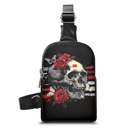 HUGS IDEA Mini-Brusttasche für Herren und Damen, klein, Umhängetasche, Rucksack, Bauchtasche, Leder, lässige Handy-Schultertasche, Rose Skull von HUGS IDEA