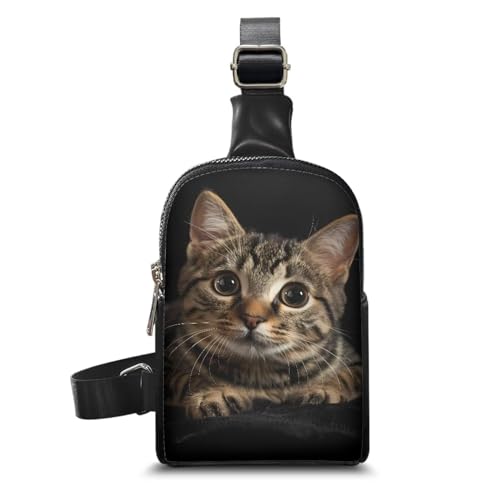 HUGS IDEA Mini-Schultertasche für Herren, Leder, Umhängetasche, leicht, lässig, Handytasche, kleine Schultertasche, Tagesrucksack, Reisen, Lustige Katze von HUGS IDEA