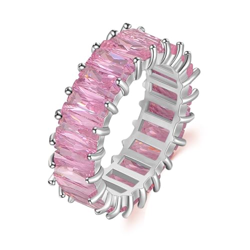 HUIIUH baguettes-Ring mit rosa Stein, Premium-Eternity-Band mit Zirkonia, Edelsteinringe für Frauen, Ring mit rosa Edelsteinen zum Jahrestag, zur Hochzeit von HUIIUH