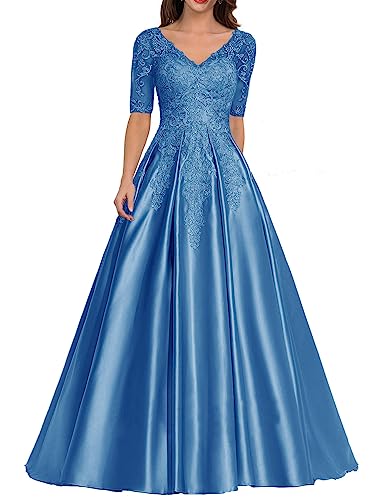 Abendkleid Satin Lang Ballkleid Hochzeitskleid für Damen A-Linie Spitzen Hochzeitsgast Kleid V-Ausschnitt Blau 46 von HUINI