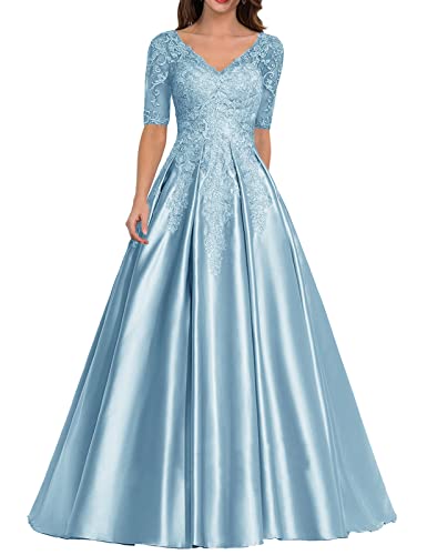 Damen Lang Abendkleid Glitzer Satin Ballkleid A-Linie Hochzeitsgast Kleid mit Ärmel Vintage Festkleid Hellblau 42 von HUINI