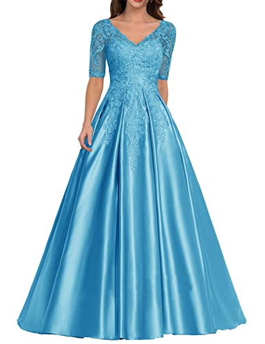 Damen Lang Abendkleid Glitzer Satin Ballkleid A-Linie Hochzeitsgast Kleid mit Ärmel Vintage Festkleid Meerblau 42 von HUINI