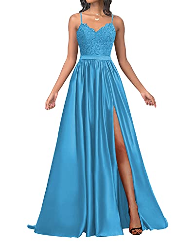 HUINI Ballkleider A-Linie Vintage Abendkleider Hochzeitskleider Damen Prinzessin Spitzen Brautkleider Empire Kleider Blau 38 von HUINI