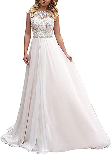 HUINI Brautkleider Damen Lang Prinzessin Hochzeitskleider Standesamtliche Chiffon A-Linie Brautmode Glitzer Vintage Brautkleider Elfenbein 48 von HUINI