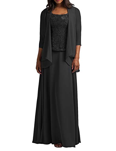 HUINI Brautmutter Kleider mit Jacke Chiffon Lang Abendkleider Lace Hochzeitskleid Festkleider Langarm Schwarz 44 von HUINI