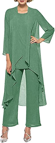 HUINI Dreiteilig Mutter der Braut Hosenanzug Chiffon Langarm Brautmutterkleid mit Jacke Formell Abendkleid Set für Hochzeit Salbei 40 von HUINI