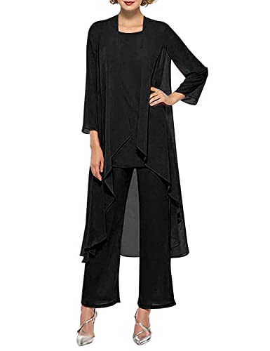 HUINI Dreiteilig Mutter der Braut Hosenanzug Chiffon Langarm Brautmutterkleid mit Jacke Formell Abendkleid Set für Hochzeit Schwarz 40 von HUINI