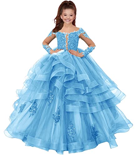 HUINI Mädchen Hochzeitskleid Feier Kleid Spitzen Applikationen Prinzessin Ballkleid Langarm Party Maxikleid Hell blau 9 Jahre von HUINI