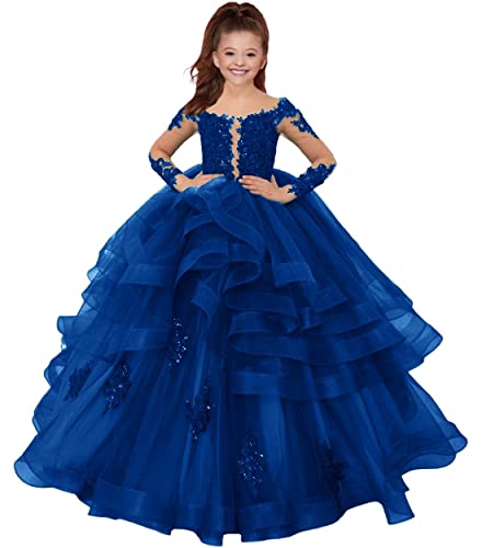 HUINI Mädchen Prinzessin Kleid Festliche Langarm Partykleid Tülle Festzug Kleider Hochzeit Brautjungfern Blumenmädchen Kleider Königsblau 13 Jahre von HUINI