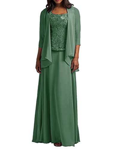 HUINI Zweiteilig Mutter der Braut Kleider Langarm Spitzen Abendkleider Elegant Festliche Partykleid Hochzeitsgast Kleid mit Jacke Salbei 36 von HUINI