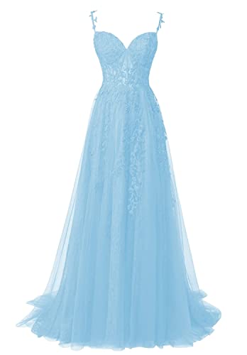 Spitzen Abendkleid Lang Späghettiträger Abschlussballkleid für Mädchen A-Linie Festliche Partykleider Hellblau 34 von HUINI