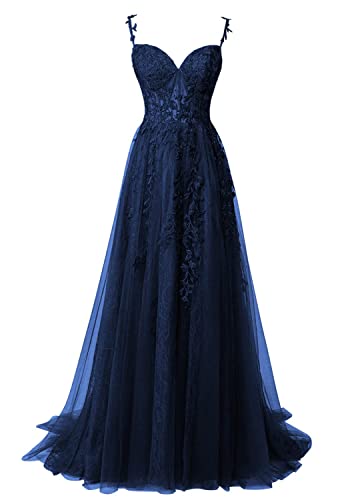 Spitzen Abendkleid Lang Späghettiträger Abschlussballkleid für Mädchen A-Linie Festliche Partykleider Navy 34 von HUINI