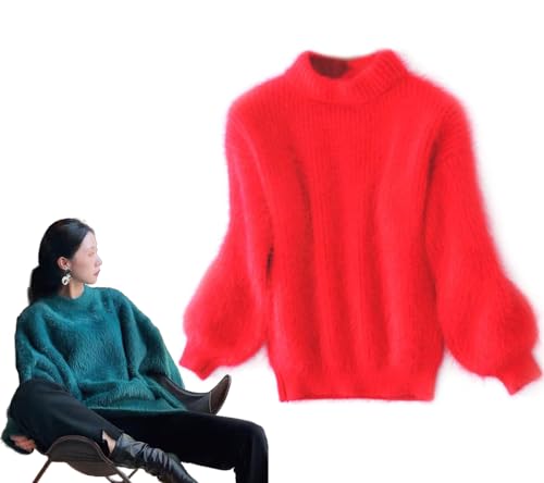 HUIQINGLI Damen-Winterpullover aus Angora-Kaschmir-Mischung, lockerer, Warmer Pullover, Flauschiger Plüschpullover, lockerer, einfarbiger Strickpullover mit Rundhalsausschnitt (Rot,Einheitsgröße) von HUIQINGLI