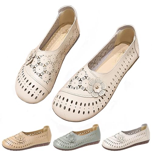 HUIQINGLI rutschfeste Damen-Lederschuhe mit weicher Sohle, atmungsaktive orthopädische Leder-Slipper, Hohle Slip-On-Slipper aus Leder für Damen mit weicher Sohle (Beige,36_) von HUIQINGLI