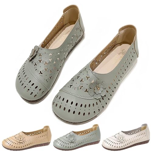 HUIQINGLI rutschfeste Damen-Lederschuhe mit weicher Sohle, atmungsaktive orthopädische Leder-Slipper, Hohle Slip-On-Slipper aus Leder für Damen mit weicher Sohle (Grün,36_) von HUIQINGLI