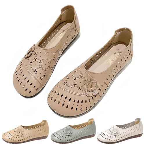 HUIQINGLI rutschfeste Damen-Lederschuhe mit weicher Sohle, atmungsaktive orthopädische Leder-Slipper, Hohle Slip-On-Slipper aus Leder für Damen mit weicher Sohle (Khaki,36_) von HUIQINGLI