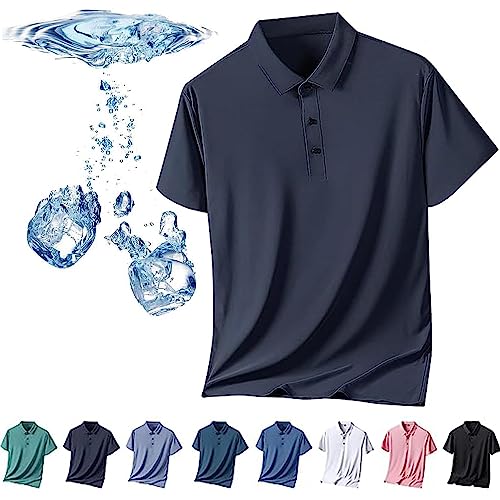 Herren-Poloshirt aus Eisseide, kurzärmelig, kühles Gefühl, schnell trocknendes Kurzarm-Poloshirt aus Eisseide, atmungsaktiv, spurlos, Anti-Falten-Poloshirt für Herren (Dunkelblau,3XL) von HUIQINGLI