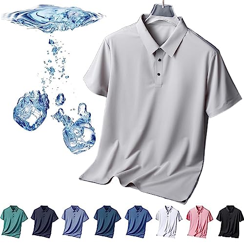 Herren-Poloshirt aus Eisseide, kurzärmelig, kühles Gefühl, schnell trocknendes Kurzarm-Poloshirt aus Eisseide, atmungsaktiv, spurlos, Anti-Falten-Poloshirt für Herren (Grau,XL) von HUIQINGLI