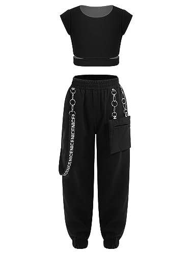 HULIJA Kinder Mädchen Sport Set Kurzarm Crop Top mit Cargohose Sport Set Trainingsanzug Hip Hop Kleidung Set Jazz Bühnenauftritt Schwarz 158-164 von HULIJA