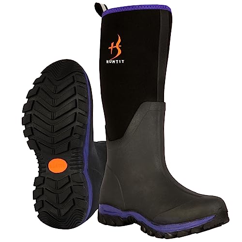 HUNTIT Gummi-Arbeitsstiefel für Damen, mehrjahreszeitliche Gummistiefel, wasserdichte Regenstiefel mit Kevlar-Zwischensohle, 5 mm Neopren mit 400 g Isolierung, Outdoor-Schlammstiefel, Violett, 8 Wide von HUNTIT