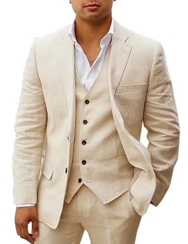 HUUTOE 3-teiliges Herren-Anzug-Set aus Leinen, schmale Passform, für Strand, Hochzeit, Sommer, Abschlussball, lässig, Bräutigam, Blazer, Hose und Weste, Beige, 48 HUUTOE 3-teiliges Herren-Anzug-Set aus Leinen, schmale Passform, für Strand, Hochzeit, Sommer, Abschlussball, lässig, Bräutigam, Blazer, Hose und Weste, Beige, 48 von HUUTOE