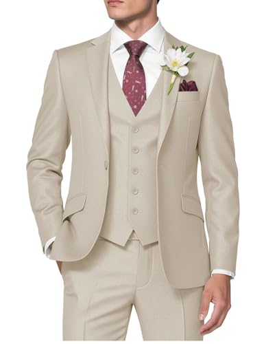 HUUTOE 3-teilige Herrenanzüge Slim Fit Abschlussball Anzüge für Männer Hochzeitskleid Anzug Sommer Blazer Jacke Weste Hose Smoking Set, Beige, XS HUUTOE 3-teilige Herrenanzüge Slim Fit Abschlussball Anzüge für Männer Hochzeitskleid Anzug Sommer Blazer Jacke Weste Hose Smoking Set, Beige, XS von HUUTOE
