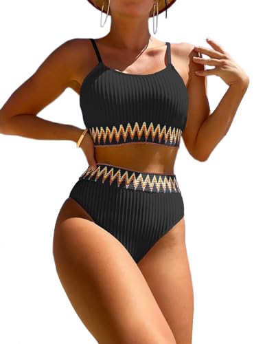 HUXRAKV Bikini-Sets für Damen Gepolstert Push Up Crop Top Badeanzug Zweiteiliger Hohe Taille Bedruckte Spaghetti Strap Bademode für Strand Schwimmbad Badebekleidung Beachwear Swimsuit,A-Schwarz,L von HUXRAKV