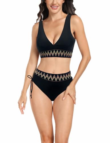 HUXRAKV Bikini-Sets für Damen Gepolstert Push Up Crop Top Badeanzug Zweiteiliger Hohe Taille Spaghetti Strap Bademode für Strand Badebekleidung Beachwear,B-Schwarz,L von HUXRAKV