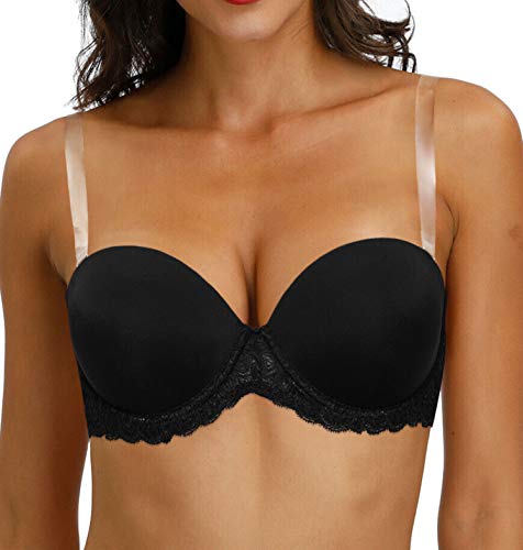 44DD Bügel-trägerloser Neckholder-BH mit durchsichtigem Träger und transparentem Rücken Vollständige Abdeckung Multiway-BHS mit Spitze Plus Size Schwarz von HWDI