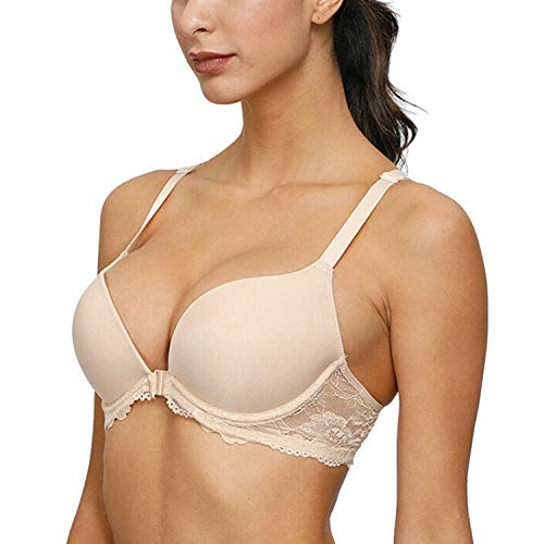 Damen Front Closure Racerback mit Spitze BH Push Up Gepolstert Plunge Bügel Büstenhalter, nude, 95A von HWDI