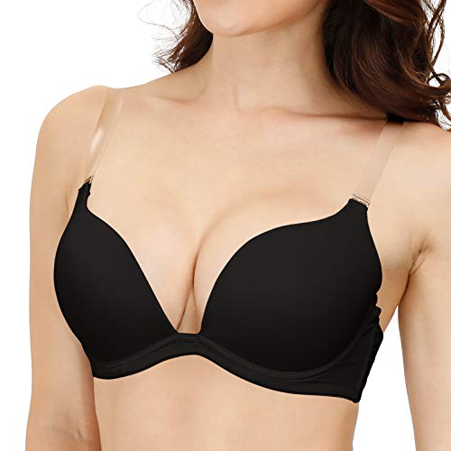 HWDI Damen Plunge Deep V Push Up Low Back Convertible BH mit transparenten Trägern und Verlängerung Gepolstert Multiway Brasiere, schwarz, 100B von HWDI