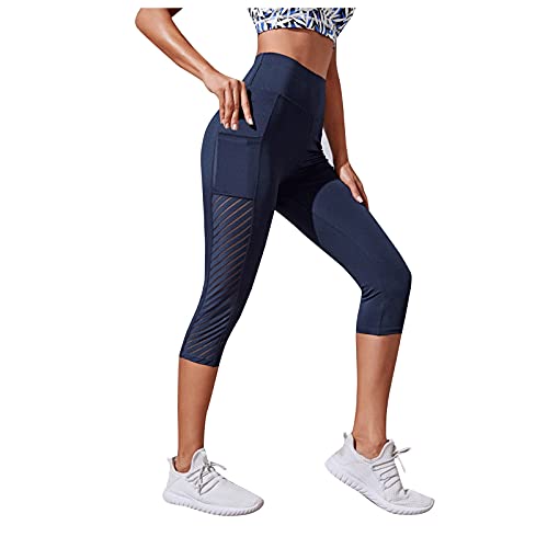 Damen 3/4 Camouflage Yogahose Sporthose Frauen Freizeithose Capri Sommerhose Leicht Knielange Hose Lässig Jogginghose Bauchkontrolle Hintern Heben Hohe Taille Leggings Jogginghose Marine S von HWTOP