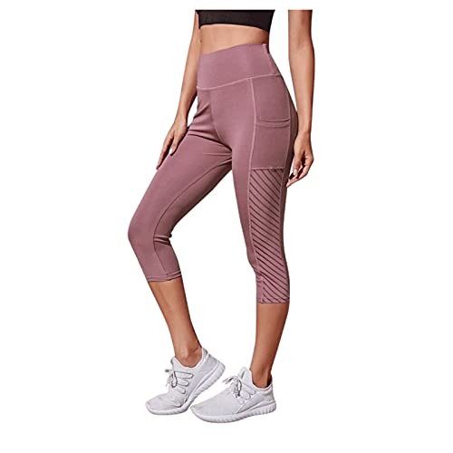 HWTOP Sporthose Damen 3/4 Leggings Sport Gym Capri Leggins Schwarz Yoga Hose Laufhose Blickdicht Bauchkontrolle Honeycomb Leggings Geraffte Laufhose Workout Fitness Rosa XL von HWTOP