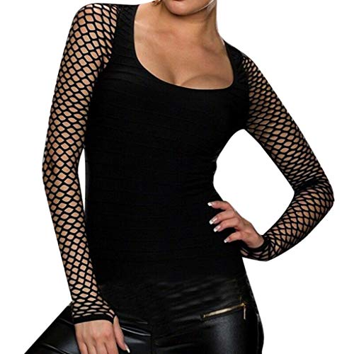 T-Shirt Damen Slim Low Cut Langarm Bluse Enge Bodenoberseite Mesh Stitching Langarm Perspektive Tops Punk Rock Gothic Netzhemd, Schwarz, XL von HWTOP