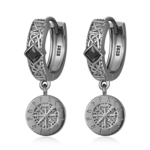 Schwarze Wikinger-Kompass-Ohrringe Sterling Silber Wikinger-Ohrringe Schwarze Wikinger-Kompass-Ohrringe für Männer Frauen von HXWZB