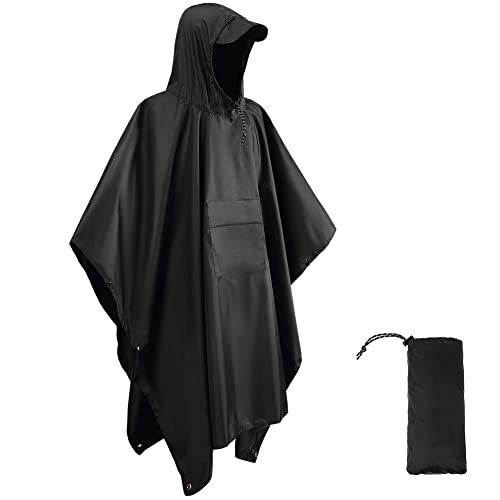 HYCOPROT Regenponcho Leichte Wasserdicht 210T Oxford Ripstop Wiederverwendbar Regencape, Regenponcho mit Brusttasche 3 in 1 Multifunktionaler Regenmantel für Jagd, Trekking, Camping, Angeln (Schwarz) von HYCOPROT