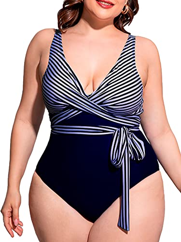 HYSENM Badeanzug Damen Große Große Oberweite mit Bügel Badekleid Damen Große Größe Größen Cups Triangel Bauchweg Rückenfrei Monokinis Bademode für Damen Swimsuit Strand Schwimmbad, Dunkelblau 2XL von HYSENM