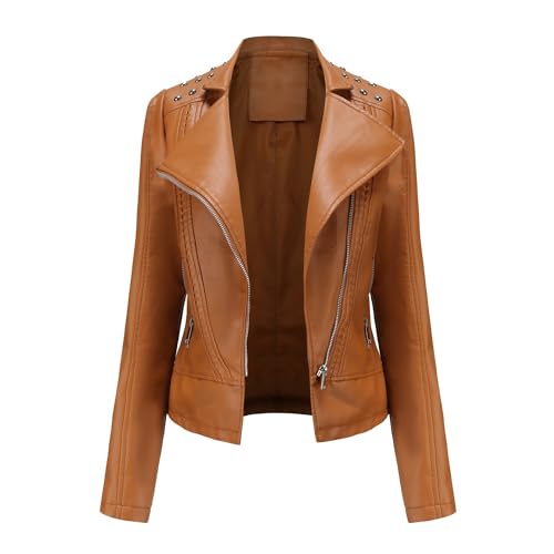 HZQIFEI Damen PU Leder Jacke, Motorrad Biker Lederjacke Kurz Leicht Kunstlederjacke Reißverschluss Mantel PJK13 (Braun, XXL) von HZQIFEI