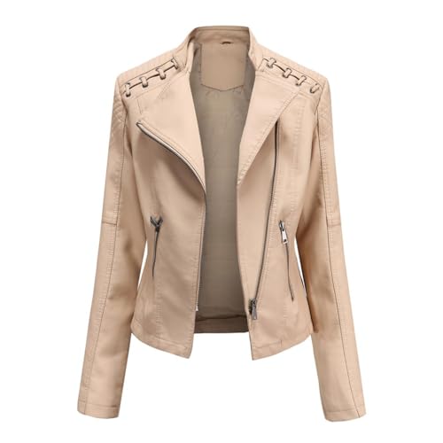 HZQIFEI Damen PU Leder Jacke, Motorrad Moto Biker Lederjacke Kurz Leicht Kunstlederjacke Reißverschluss Mantel PJK01 (Khaki, XL) von HZQIFEI