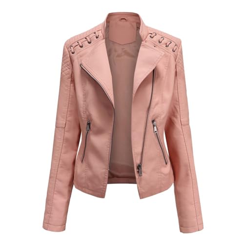 HZQIFEI Damen PU Leder Jacke, Motorrad Moto Biker Lederjacke Kurz Leicht Kunstlederjacke Reißverschluss Mantel PJK01 (Rosa, XL) von HZQIFEI