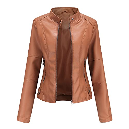 HZQIFEI Damen PU Leder Jacke, Motorrad Moto Biker Lederjacke Kurz Leicht Kunstlederjacke Reißverschluss Mantel PJK02 (Braun, L) von HZQIFEI