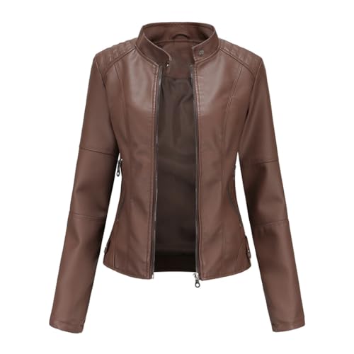 HZQIFEI Damen PU Leder Jacke, Motorrad Moto Biker Lederjacke Kurz Leicht Kunstlederjacke Reißverschluss Mantel PJK02 (Coffee, XL) von HZQIFEI