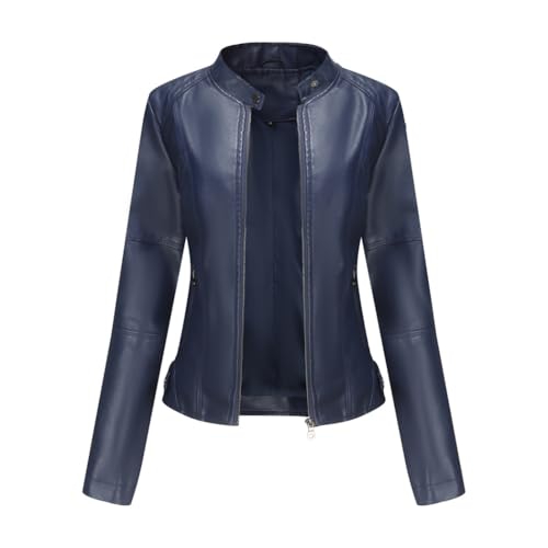 HZQIFEI Damen PU Leder Jacke, Motorrad Moto Biker Lederjacke Kurz Leicht Kunstlederjacke Reißverschluss Mantel PJK02 (Dunkelblau, XL) von HZQIFEI