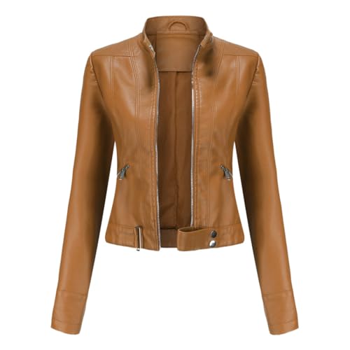 HZQIFEI Damen PU Leder Jacke, Motorrad Moto Biker Lederjacke Kurz Leicht Kunstlederjacke Reißverschluss Mantel PJK04 (Braun, L) von HZQIFEI