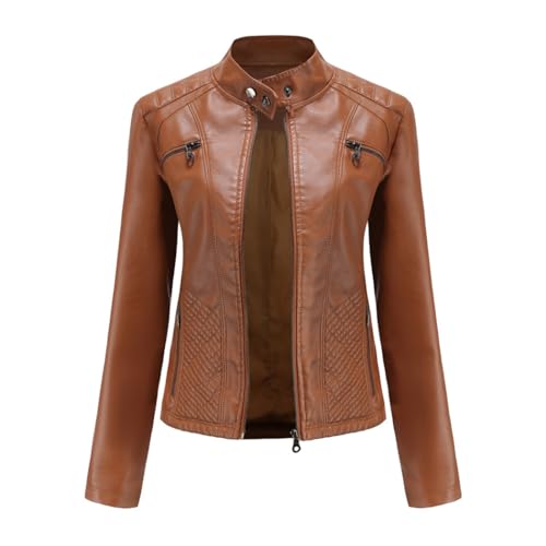 HZQIFEI Damen PU Leder Jacke, Motorrad Moto Biker Lederjacke Kurz Leicht Kunstlederjacke Reißverschluss Mantel PJK07 (Braun, M) von HZQIFEI