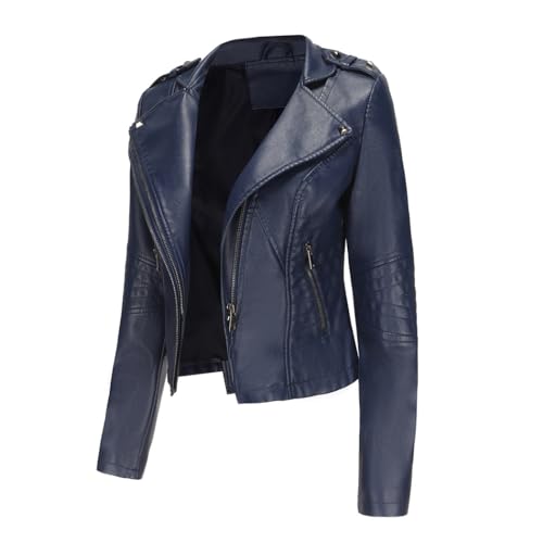 HZQIFEI Damen PU Leder Jacke, Motorrad Moto Biker Lederjacke Kurz Leicht Kunstlederjacke Reißverschluss Mantel PJK10 (Dunkelblau, L) von HZQIFEI