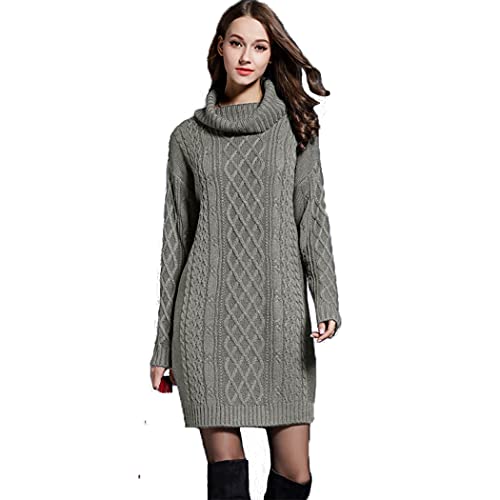 HZQIFEI Damen Strickkleider Langarm Rollkragen PulloverKleid Pullikleid Einfarbig Minikleid Casual Lose Wickelkleid Winter Pulli Sweater Kleid (Grau, XL) von HZQIFEI