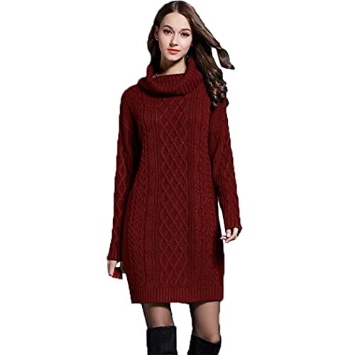 HZQIFEI Damen Strickkleider Langarm Rollkragen PulloverKleid Pullikleid Einfarbig Minikleid Casual Lose Wickelkleid Winter Pulli Sweater Kleid (Weinrot, M) von HZQIFEI