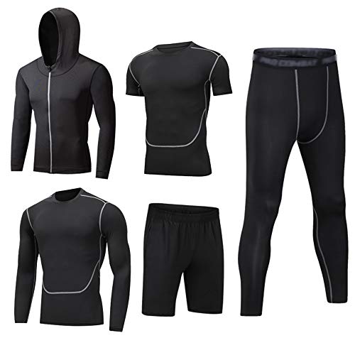 HZQIFEI Herren 5 Stücke Sport Anzug Schnell Trocken Joggen Kleidung Strumpfhosen Laufanzüge Kompression Shirt Gym Training Lauf Trainingsanzüge (Stil#3, L) von HZQIFEI